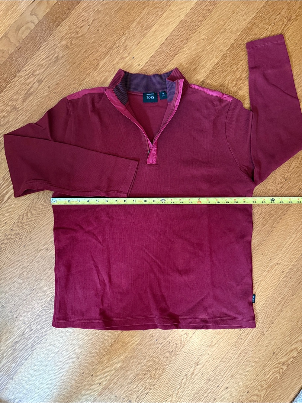 BOSS Men's Wine Red Quarter-Zip Sweater with accent on shoulders and placket